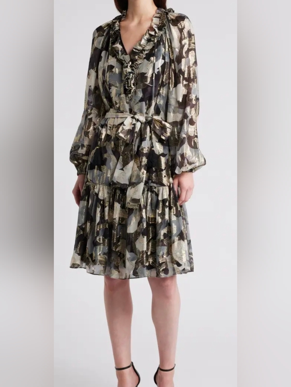 KOBI HALPERIN.Women’s Jenson Ruffle-Trim Metallic Fil Coupe Dress.SZ.L